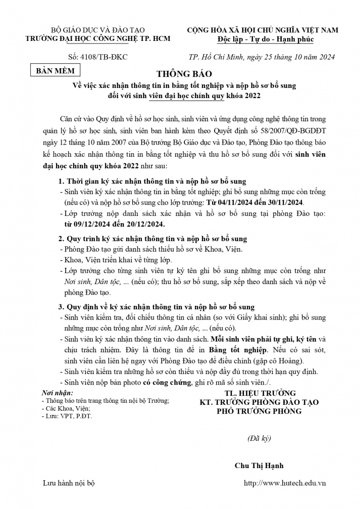 Thông báo về việc xác nhận thông tin in bằng tốt nghiệp và nộp hồ sơ bổ sung đối với sinh viên đại học chính quy khóa 2022 2