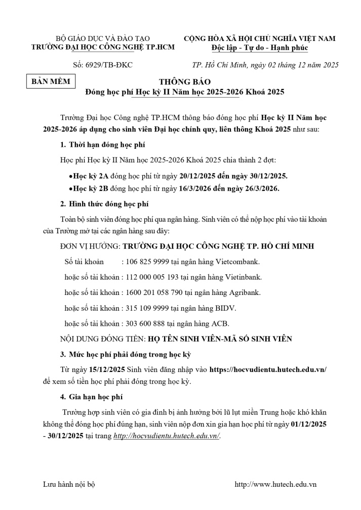 Thông báo đóng học phí HK2 năm học 2025-2026 khóa 2025 2