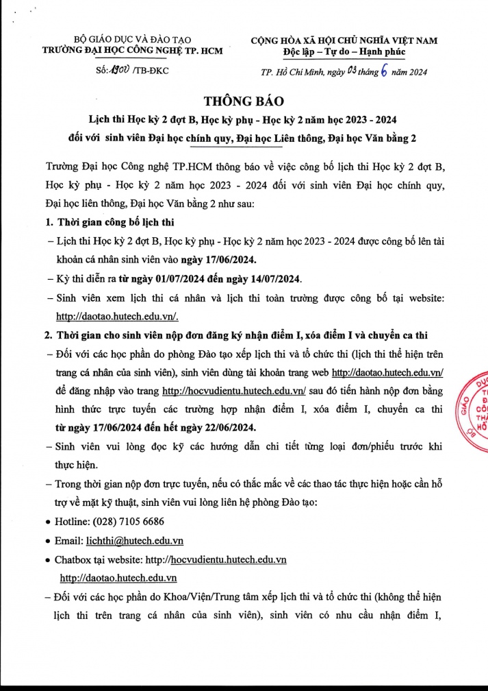 Thông báo lịch thi Học kỳ 2 đợt B, Học kỳ phụ - Học kỳ 2 năm học 2023 - 2024 đối với sinh viên Đại học chính quy, Đại học Liên thông, Đại học Văn bằng 2 2