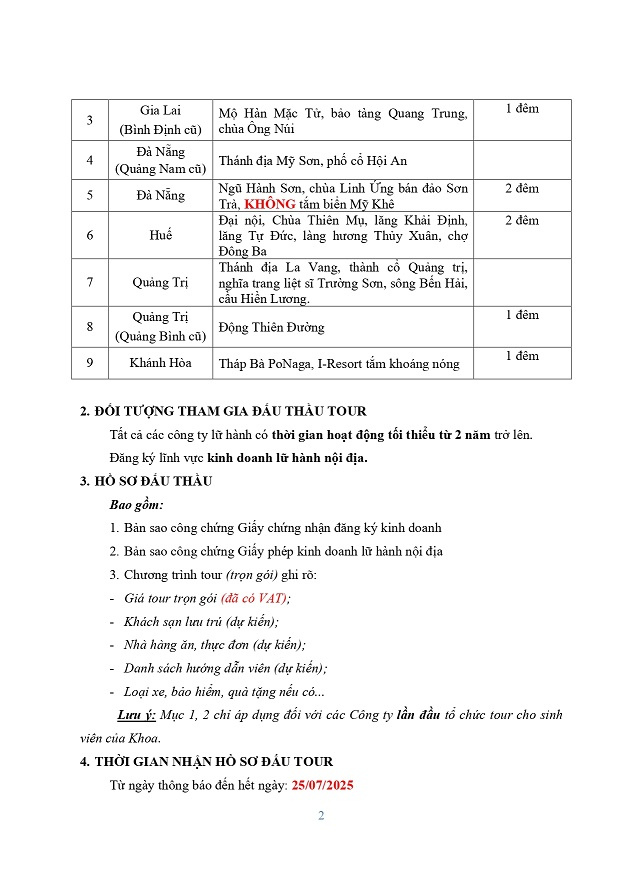 Thông báo đấu thầu tour Thực tập tour 2 - Thực tập tour Miền Trung NH 2025-2026 5