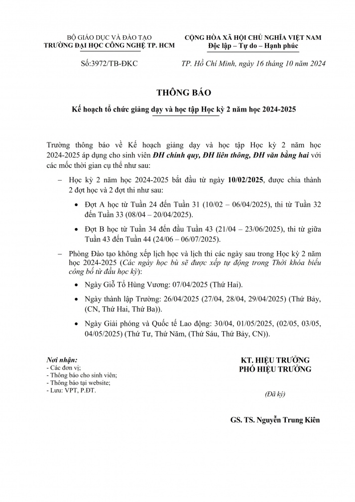 Thông báo V/v Kế hoạch tổ chức giảng dạy và học tập Học kỳ 2 năm học 2024-2025 2