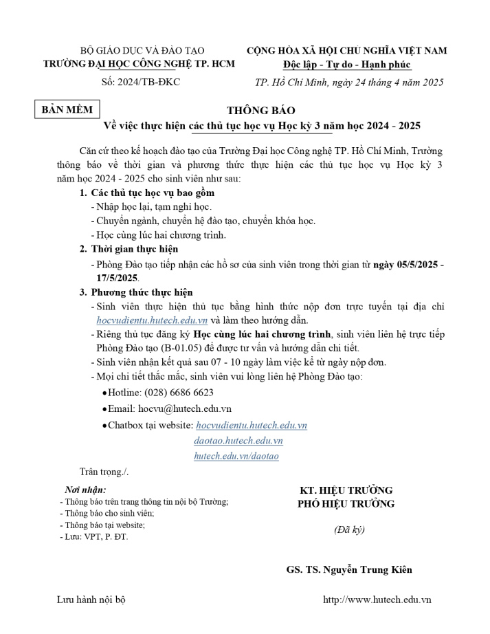 Thông báo về việc thực hiện các thủ tục học vụ Học kỳ 3 năm học 2024 - 2025 2