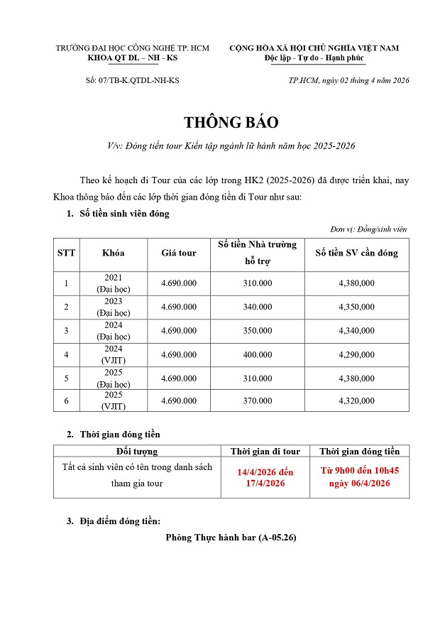 Thông báo đóng tiền tour Kiến tập ngành lữ hành HK2 năm học 2025 - 2026 3