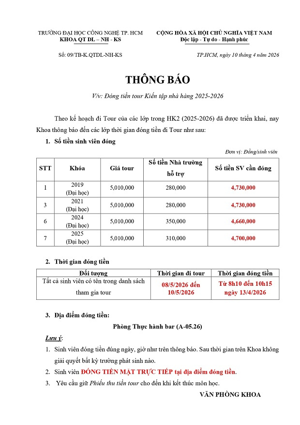 Thông báo đóng tiền tour Kiến tập nhà hàng năm học 2025 - 2026 3