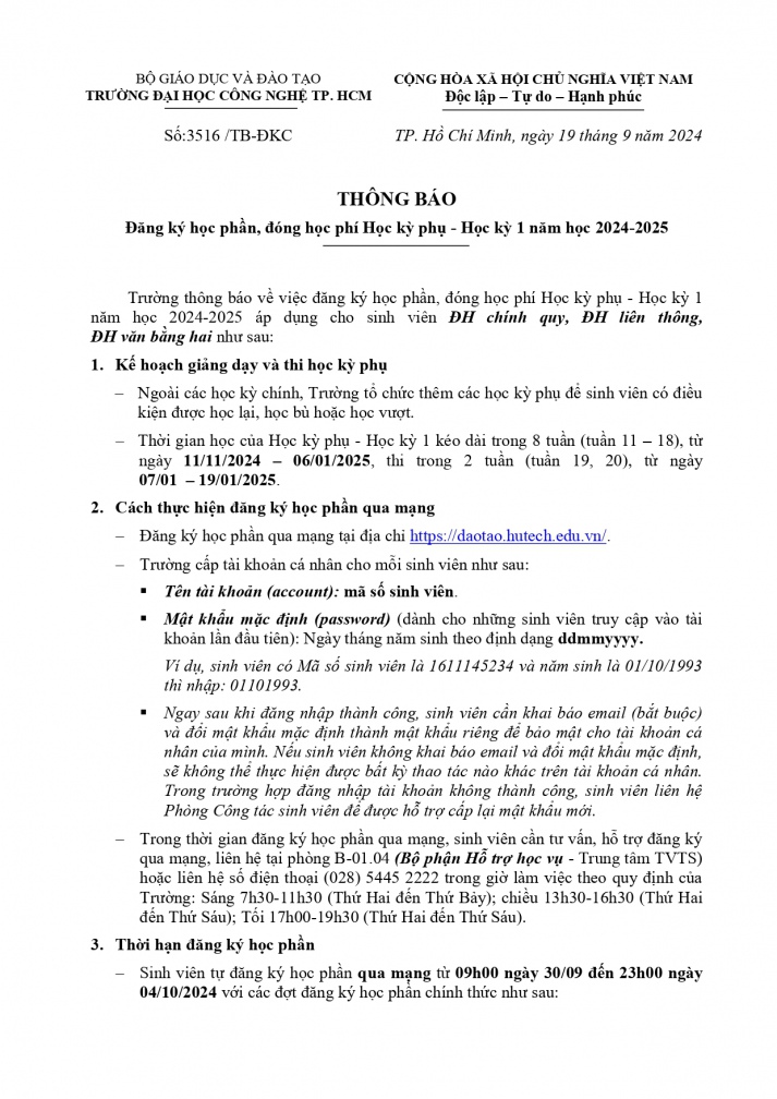 Thông báo V/v đăng ký học phần, đóng học phí Học kỳ phụ - Học kỳ 1 năm học 2024-2025 2