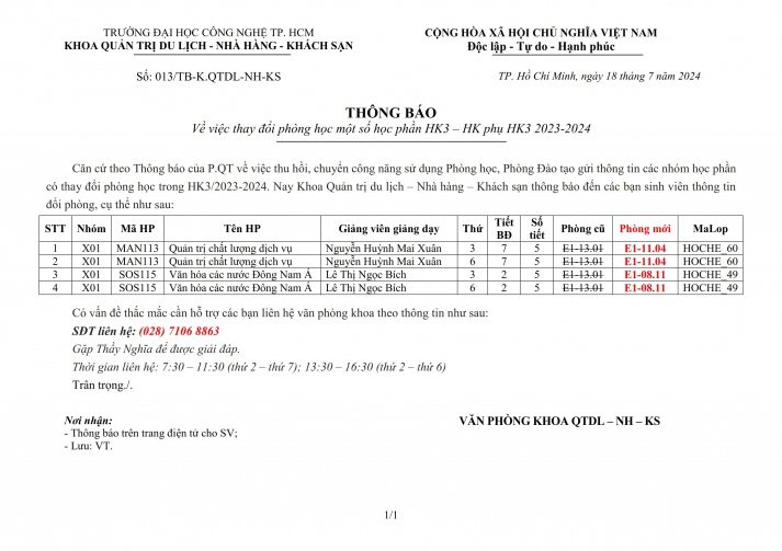 [K.QTDL-NH-KS] THÔNG BÁO ĐỔI PHÒNG HỌC KỲ HÈ - HK PHỤ HỌC KỲ HÈ - 2023-2024 2