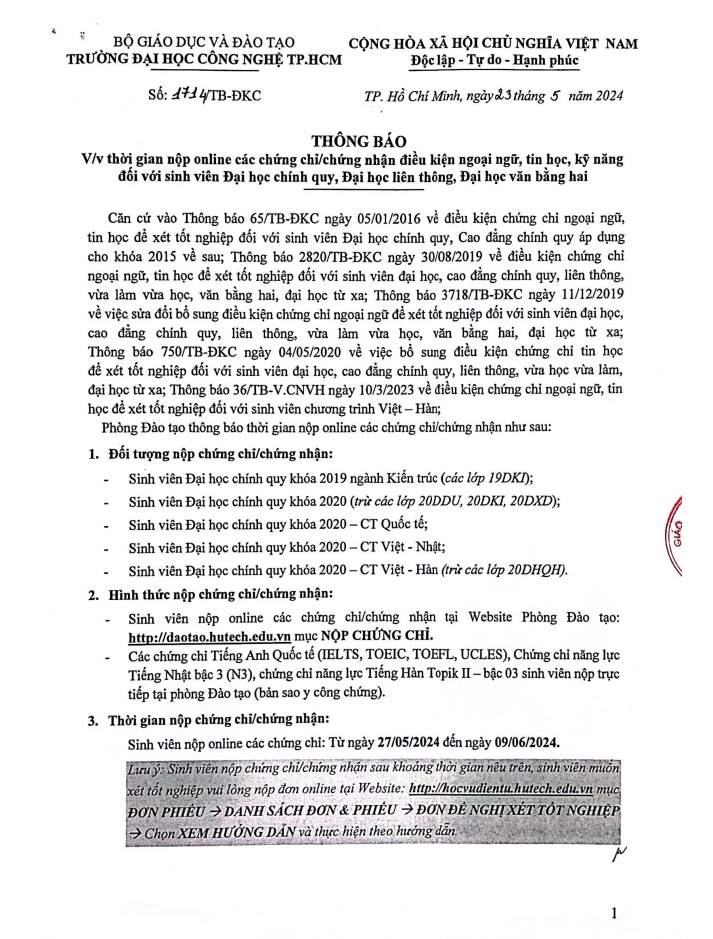 Thông báo về việc thời gian nộp online các chứng chỉ điều kiện ngoại ngữ, tin học đối với sinh viên Đại học chính quy, Cao đẳng chính quy_Khóa 2020 2