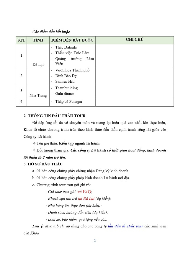 Thông báo đấu thầu tour Kiến tập ngành lữ hành NH 2024-2025 5