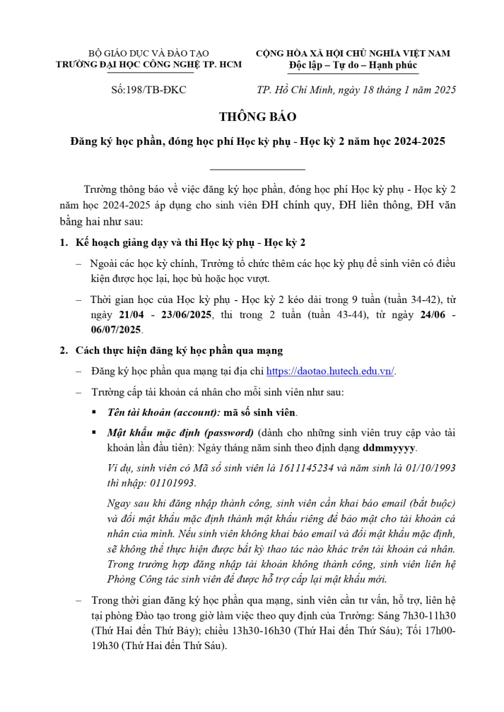 Thông báo về việc đăng kí học phần và đóng học phí HK phụ-Học kỳ 2 năm học 2024-2025 (áp dụng cho SV ĐH chính quy, ĐH Liên thông, ĐH Văn bằng 2). 2