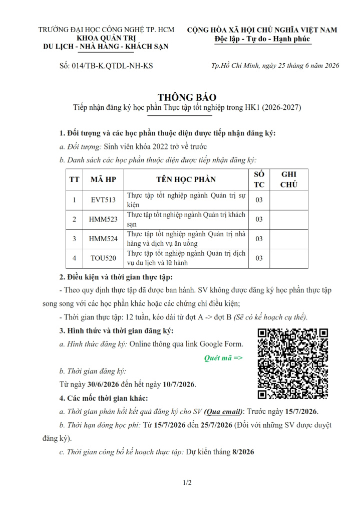 THÔNG BÁO số 014/TB-K.QTDL-NH-KS về việc Tiếp nhận đăng ký học phần Thực tập tốt nghiệp trong HK1 (2026-2027) 2