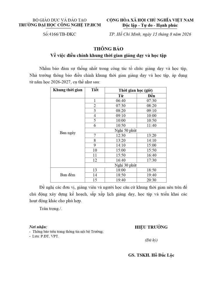 Thông báo về việc điều chỉnh khung thời gian giảng dạy và học tập 2
