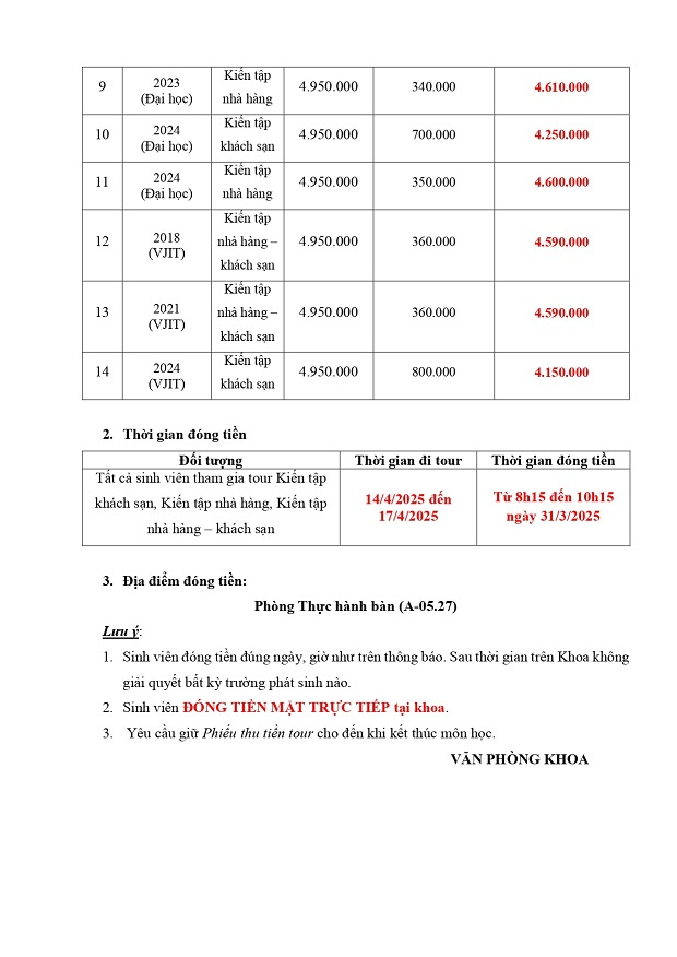 Thông báo đóng tiền tour Kiến tập nhà hàng và Kiến tập khách sạn HK2 năm học 2024-2025 5