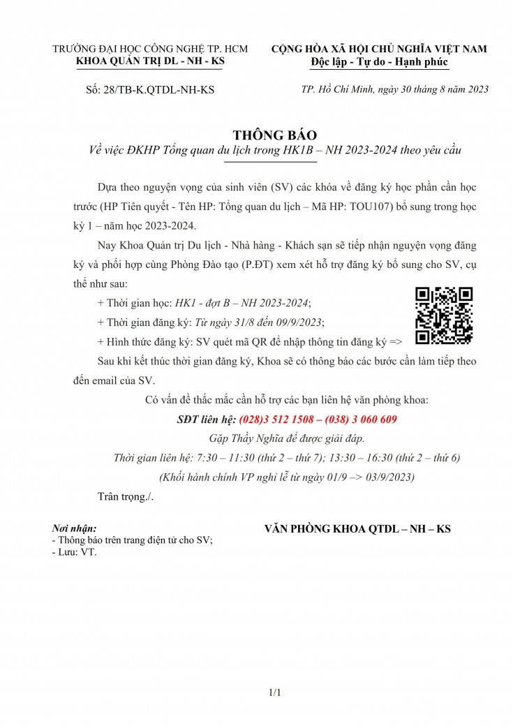 TB số 28/TB-K.QTDL-NH-KS - Thông báo đăng ký HP Tổng quan du lịch TOU107 - HK1B (23-24) 2