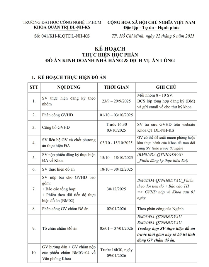 Kế hoạch số 041/KH-K.QTDL-NH-KS về việc thực hiện học phần Đồ án Kinh doanh Nhà hàng và Dịch vụ ăn uống_Update 4