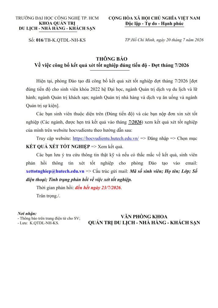 THÔNG BÁO số 016/TB-K.QTDL-NH-KS - Về việc công bố kết quả xét tốt nghiệp đúng tiến độ - Đợt tháng 7/2026 2
