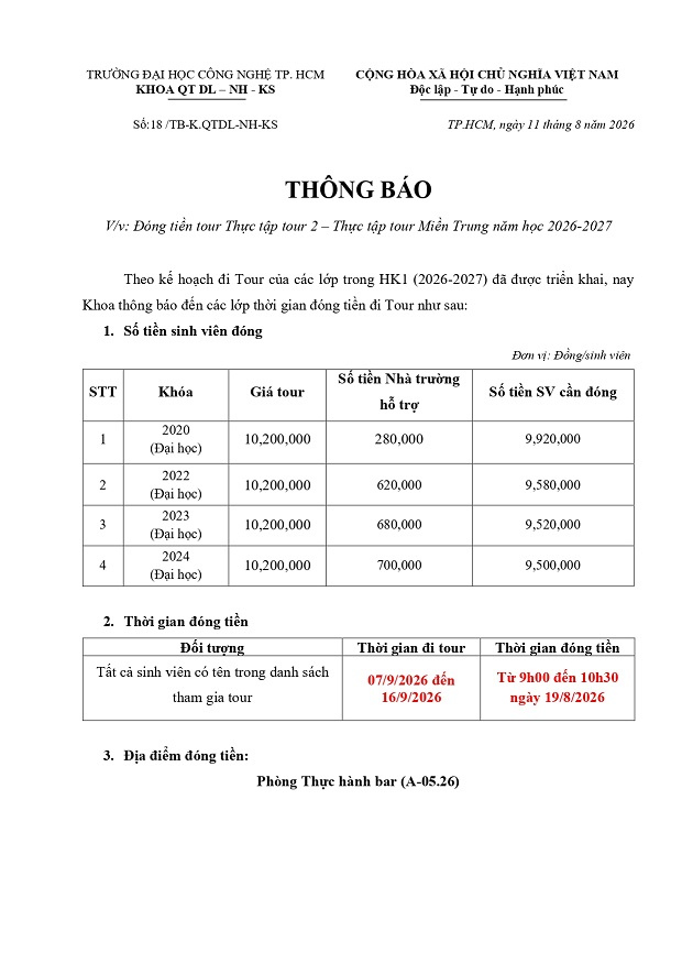 Thông báo đóng tiền tour Thực tập tour 2 - Thực tập tour Miền Trung năm học 2026 - 2027 3