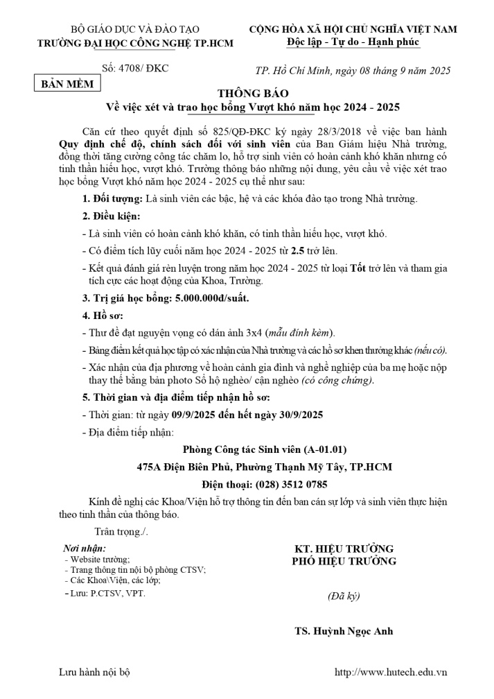 Thông báo về việc xét và trao học bổng Vượt khó năm học 2024 - 2025 2