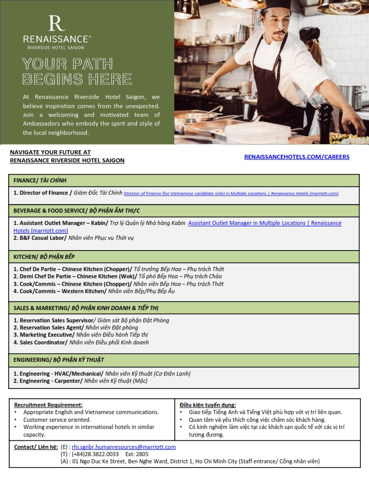 Khách sạn Renaissance Riverside Hotel Saigon thông báo tuyển dụng 3