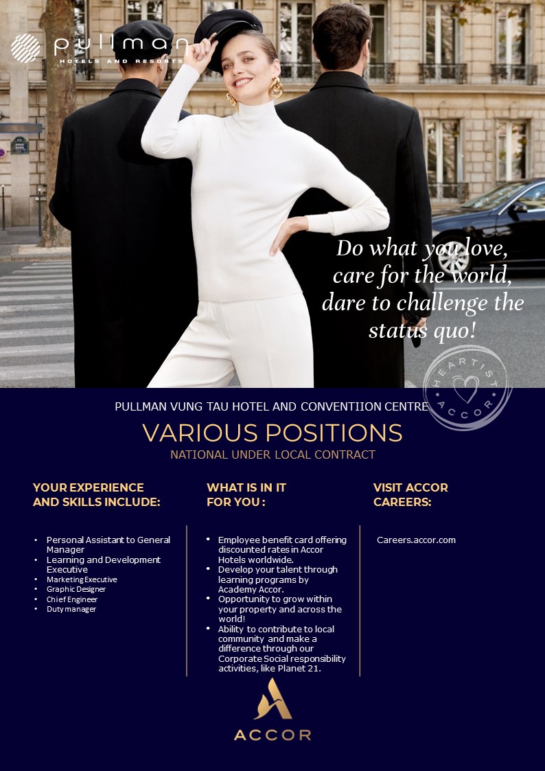 THÔNG BÁO TUYỂN DỤNG THỰC TẬP SINH VÀ NHÂN VIÊN CHÍNH THỨC - KHÁCH SẠN PULLMAN VŨNG TÀU 3