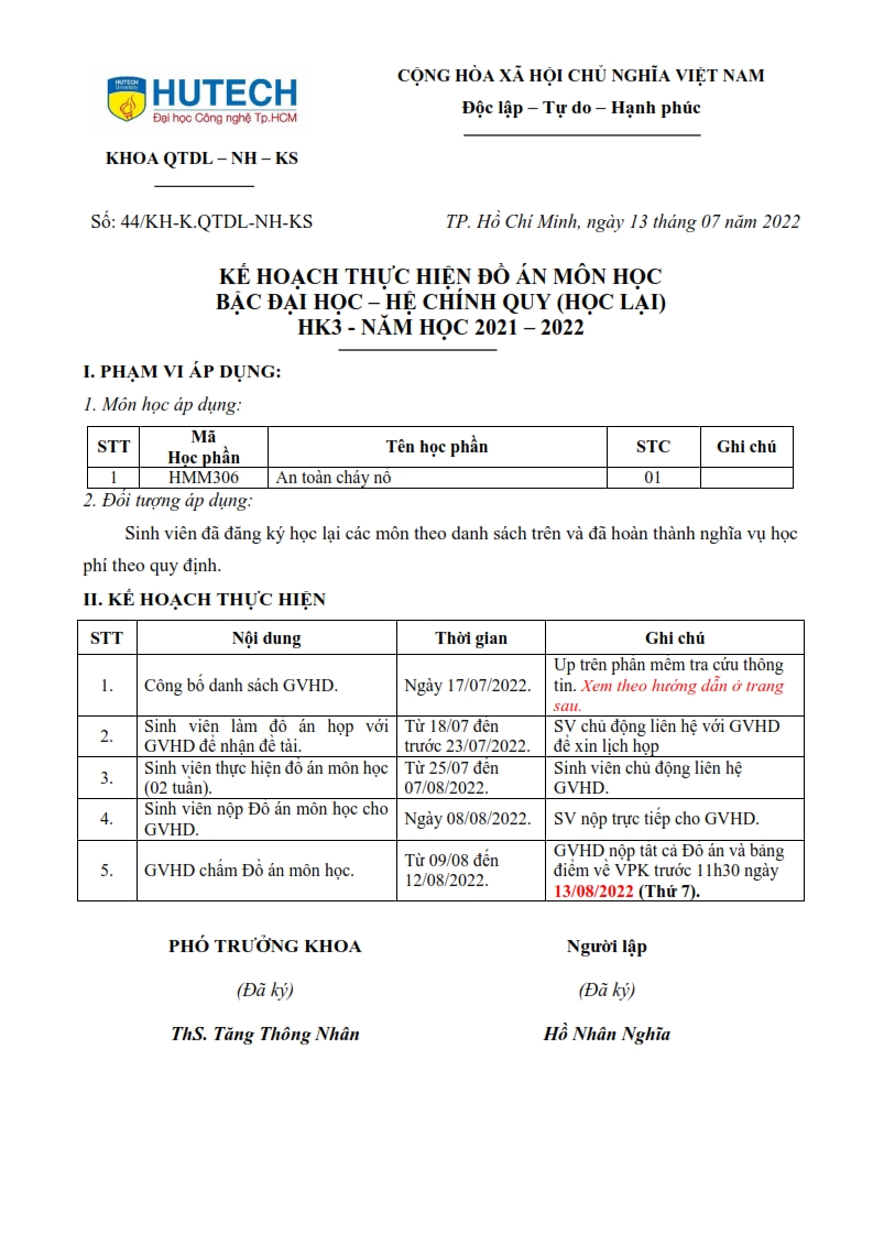 KH số 44/KH-K.QTDL-NH-KS- Kế hoạch đồ án HP An toàn cháy nổ - HK3 - 2021 - 2022 2