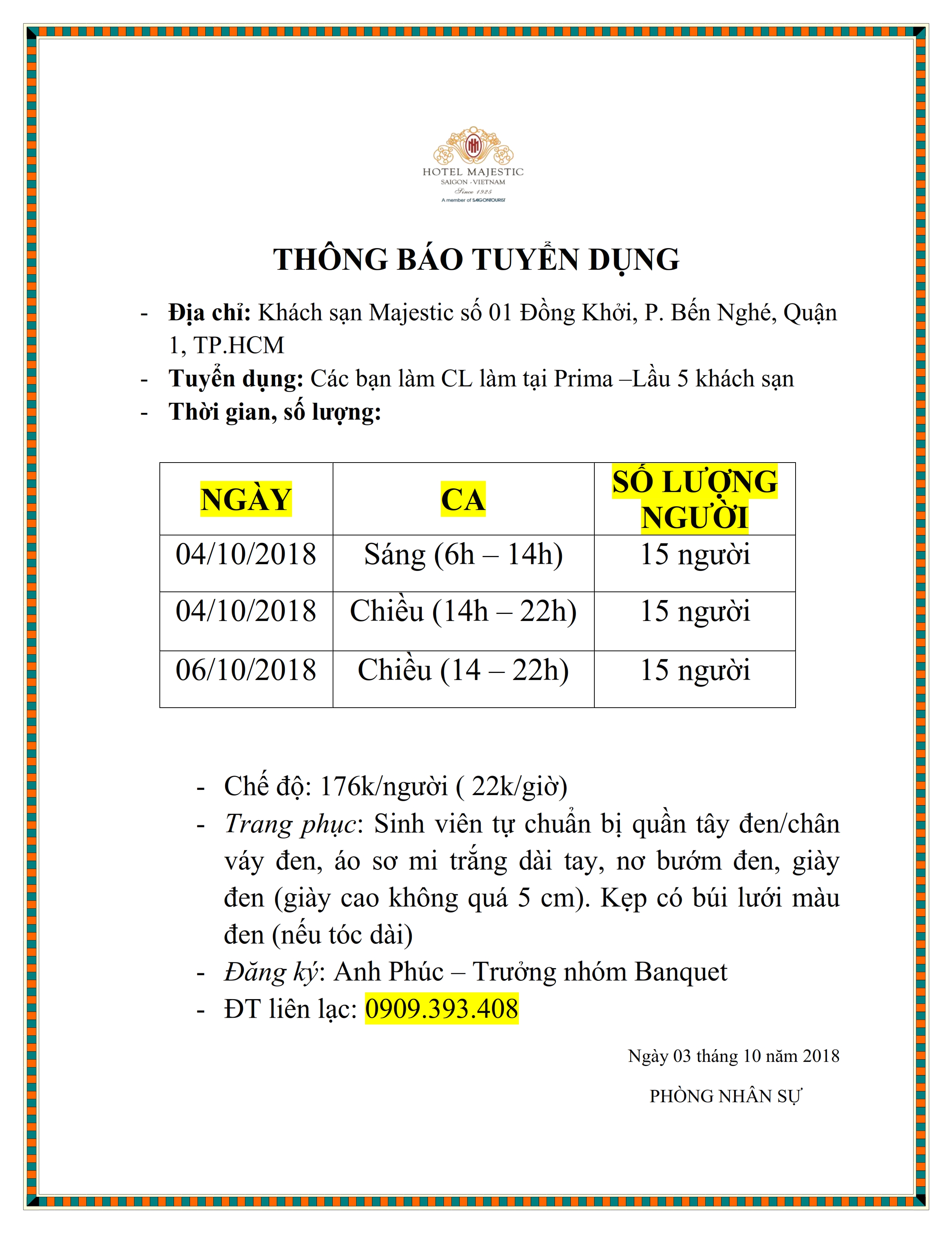 Thông báo tuyển dụng của Khách sạn Majestic Saigon (Ngày 04,06/10 ...