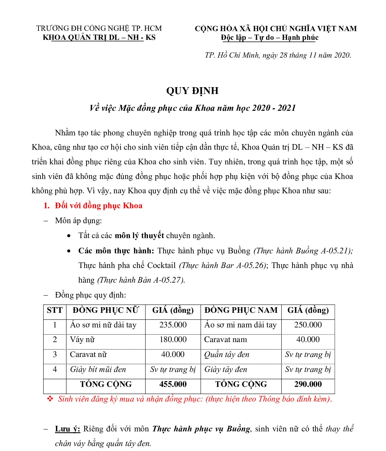 QUY ĐỊNH VỀ MẶC ĐỒNG PHỤC KHOA NĂM HỌC 2020 - 2021 2