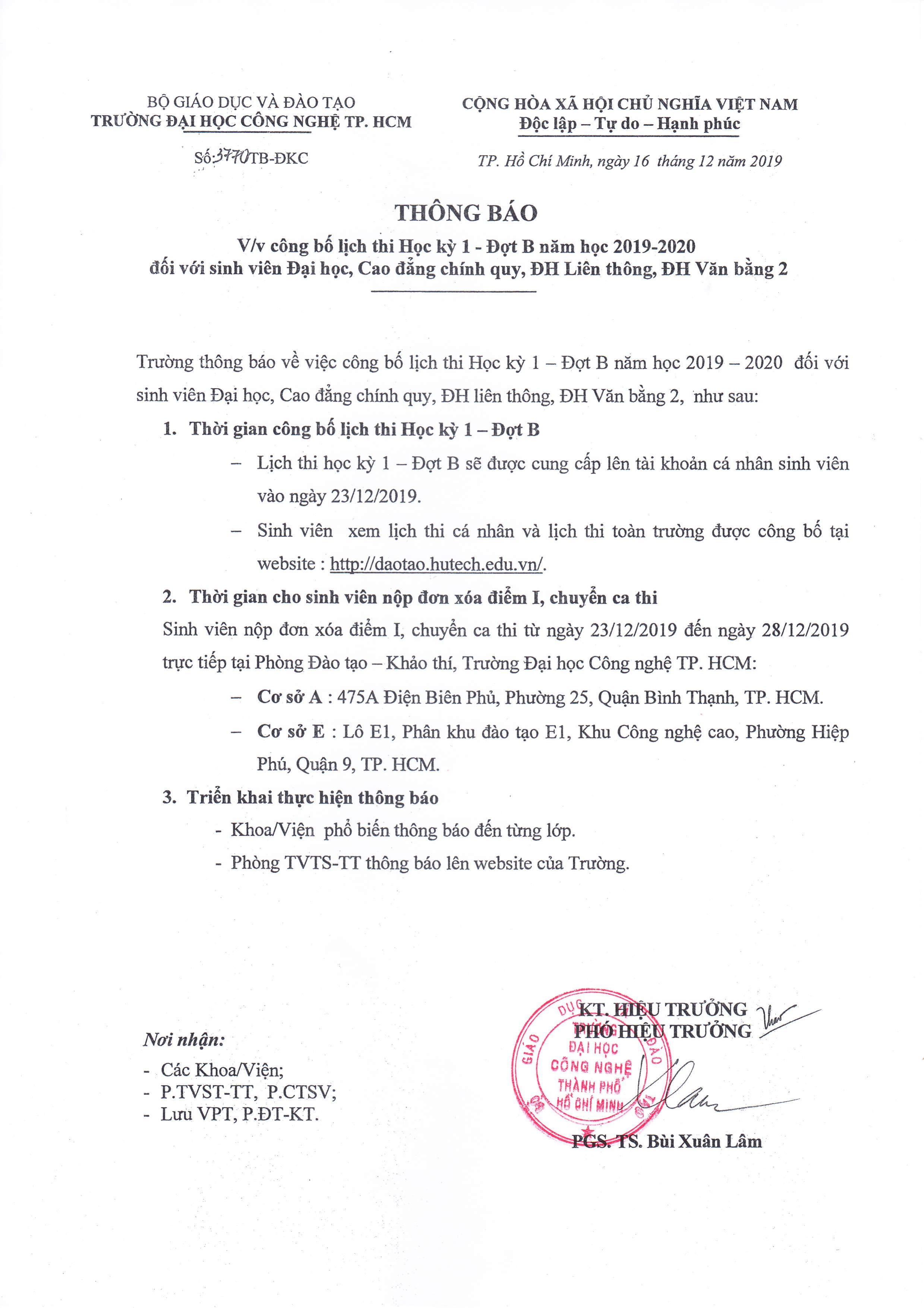 TB v/v công bố lịch thi HK1B NH 2019 - 2020 cho sinh viên 2