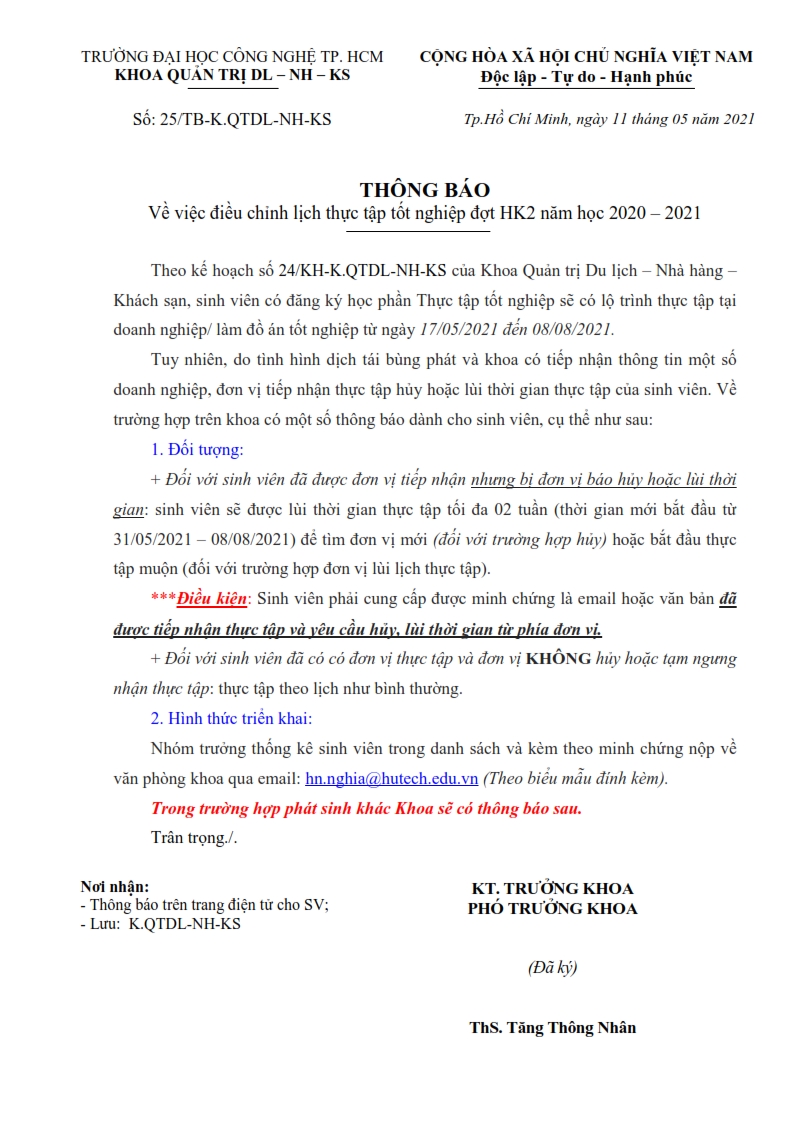 TB số 25/TB-K.QTDL-NH-KS V/v điều chỉnh lịch thực tập tốt nghiệp đợt HK2 năm học 2020 – 2021 2