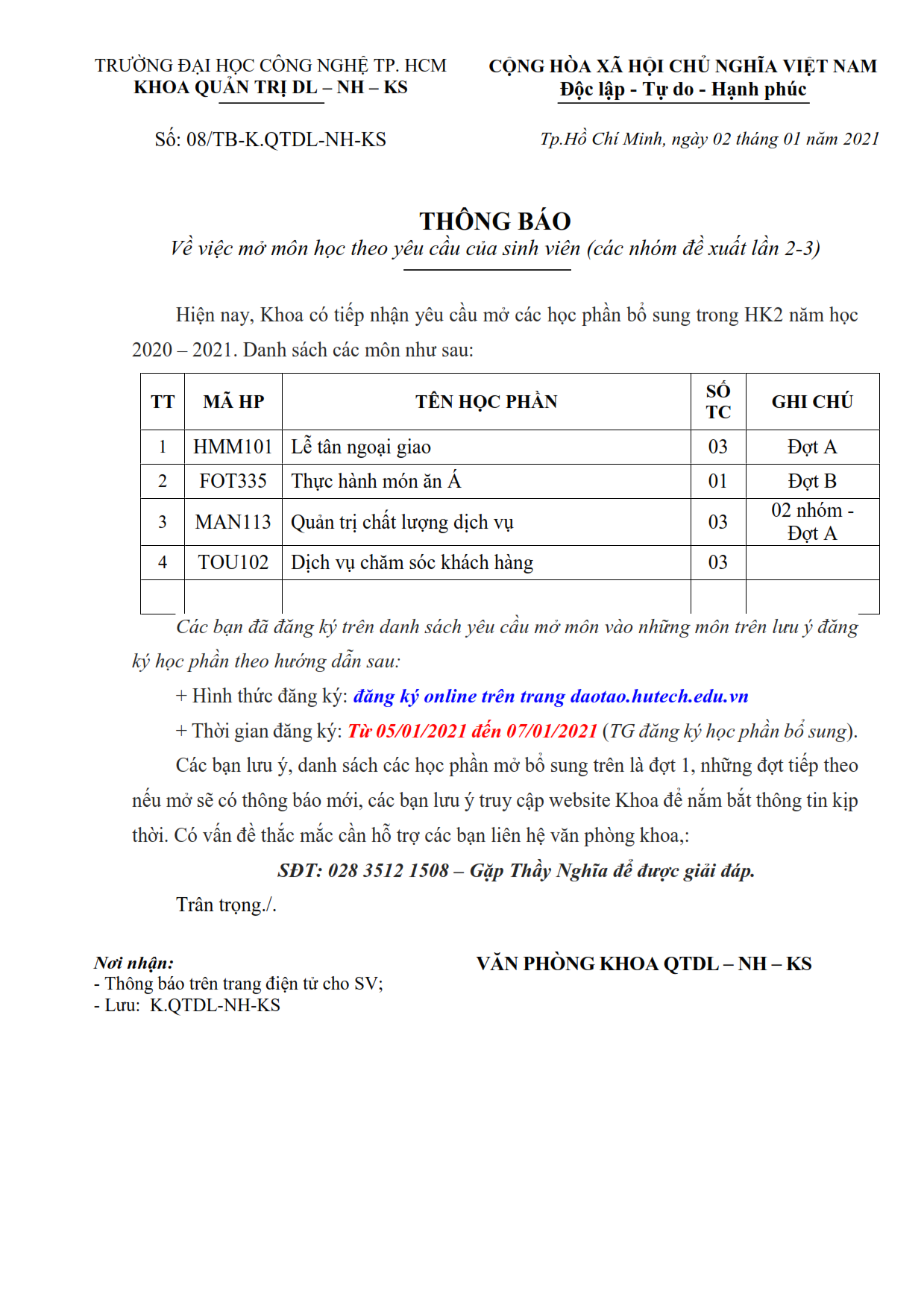 TB số 08/TB-QTDL-NH-KS về việc mở các môn theo yêu cầu trong HK2 - 2020 - 2021 - Lần 2 2