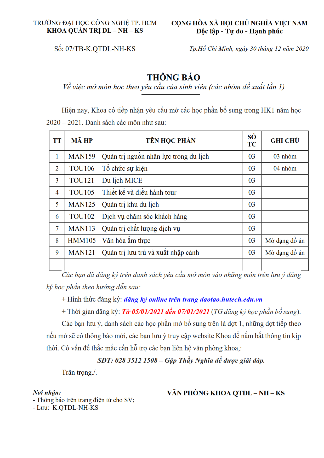 TB số 07/TB-QTDL-NH-KS về việc mở các môn theo yêu cầu trong HK2 - 2020 - 2021 - Lần 1 2