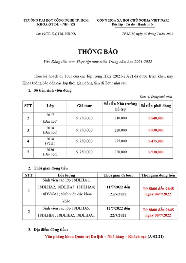 Thông báo đóng tiền tour Thực tập tour Miền Trung HK2 năm học 2021 - 2022 3