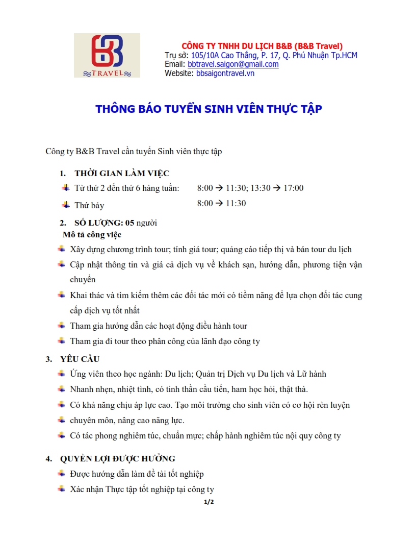 CÔNG TY TNHH DU LỊCH B&B THÔNG BÁO TUYỂN DỤNG 2