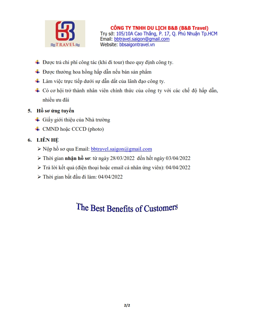 CÔNG TY TNHH DU LỊCH B&B THÔNG BÁO TUYỂN DỤNG 3