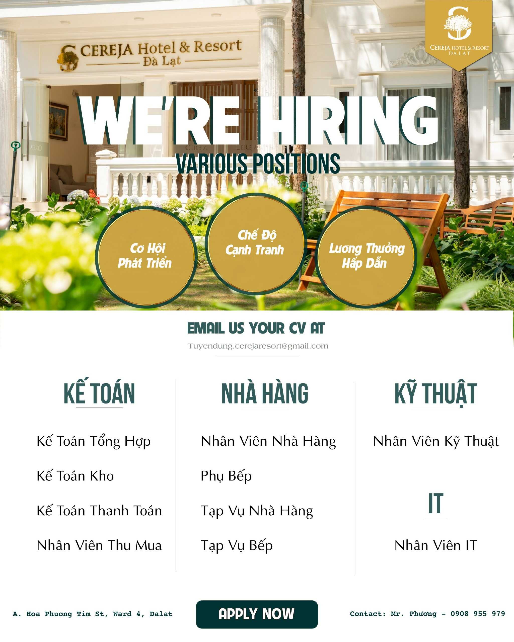 CEREJA Hotel & Resort Đà Lạt thông báo tuyển dụng 2