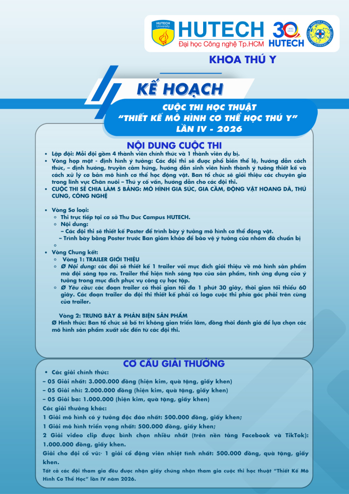 Cuộc thi “Thiết kế mô hình cơ thể học Thú y” lần IV – 2026 chính thức trở lại: Khoa học chuẩn chỉnh, sáng tạo bùng nổ, sân chơi rộng mở cho người yêu động vật 29