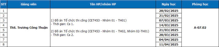THÔNG BÁO - Lịch học Đồ án Tổ chức thi công (CET453 - Nhóm 01 - TH01, TH02, TH03) - Thầy Thuận 2