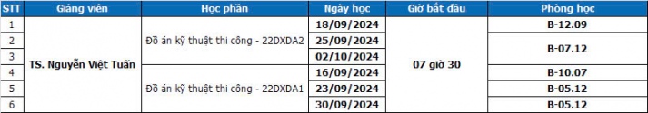 THÔNG BÁO LỊCH HỌC ĐỒ ÁN KỸ THUẬT THI CÔNG - HK1 2024-2025. 12