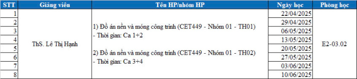 THÔNG BÁO LỊCH HỌC ĐỒ ÁN NỀN VÀ MÓNG CÔNG TRÌNH (CET449) - LỚP CÔ HẠNH 2