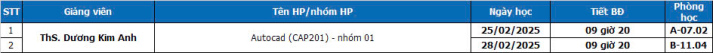 THÔNG BÁO - Lịch học Autocad (CAP201) - Nhóm 01 - Cô Kim Anh 2