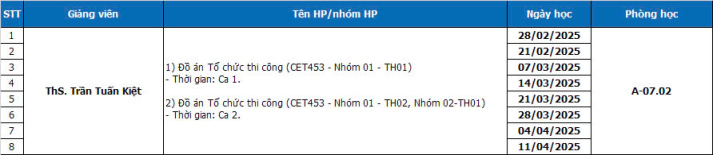 THÔNG BÁO - Cập nhật GV - Lịch học Đồ án Tổ chức thi công (CET453) - Thầy Kiệt 9