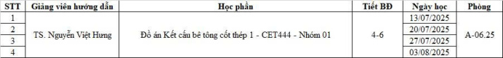 THÔNG BÁO - Lịch học Đồ án Kết cấu bê tông cốt thép 1 - CET444 - Nhóm 01 - Thầy Hưng 2