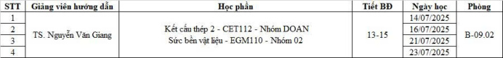 THÔNG BÁO - Lịch học Kết cấu thép 2 - CET112 , Sức bền Vật liệu - EGM110 - nhóm 02 - Thầy Giang 2
