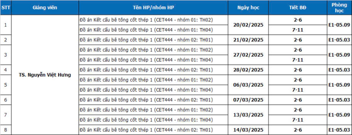 THÔNG BÁO - Lịch học Đồ án Kết cấu bê tông cốt thép 1 (CET444) - Thầy Hưng 2