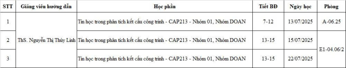 THÔNG BÁO - Lịch học Tin học trong phân tích kết cấu công trình - CAP213 - Nhóm 01, Nhóm DOAN - C.Thùy Linh 2