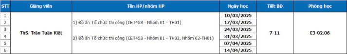 THÔNG BÁO - Cập nhật - Lịch học Đồ án Tổ chức thi công (CET453) - Thầy Kiệt 4