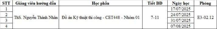 THÔNG BÁO - Lịch học Đồ án Kỹ thuật thi công - CET448 - Nhóm 01 - Thầy Nhân 2