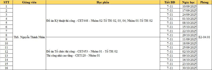 THÔNG BÁO - Lịch học Đồ án KTTC và Đồ án TCTC, Thi công nhà cao tầng HK1 2025-2026 - Thầy Nhân 2