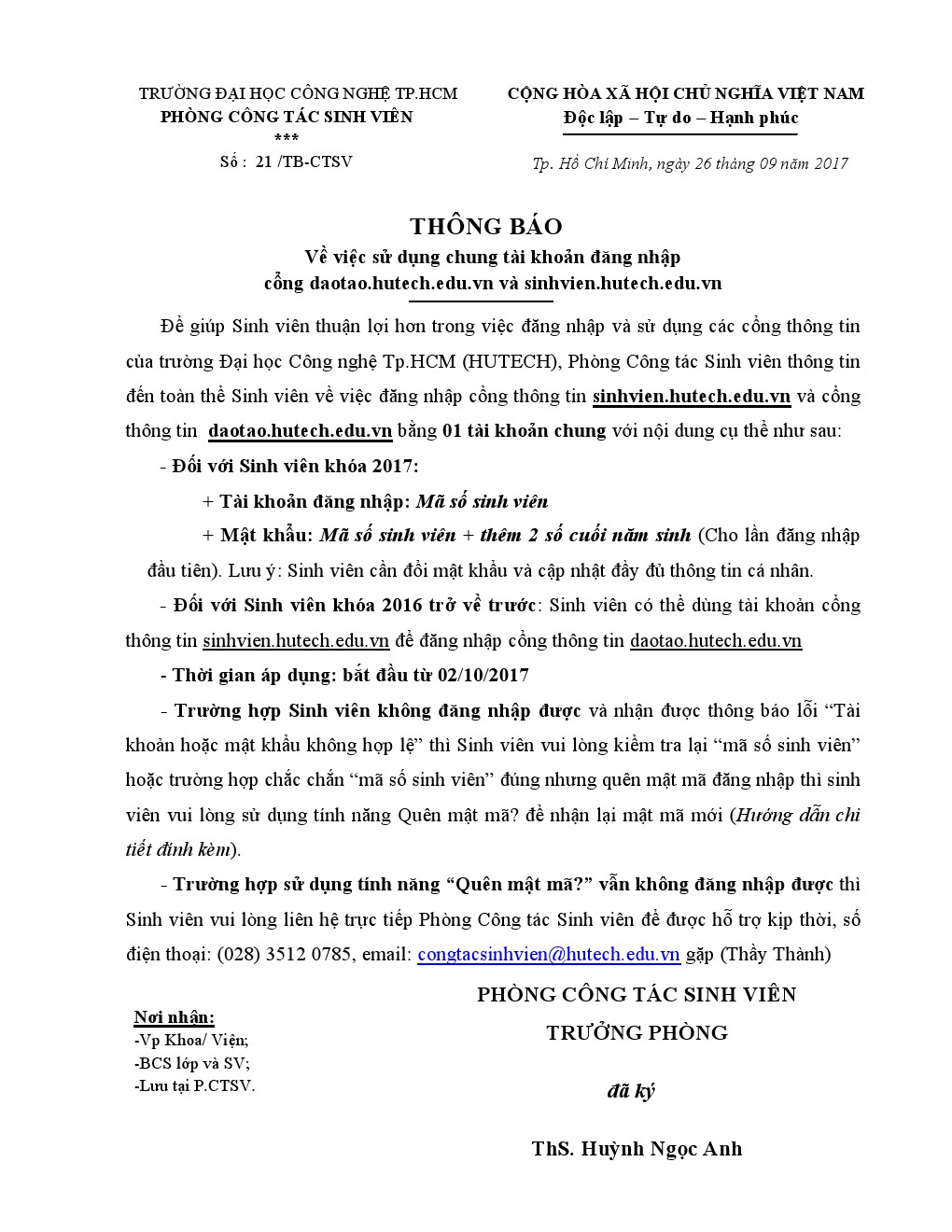 Thông báo 21/TB-CTSV v/v sử dụng tài khoản chung daotao.hutech.edu.vn và sinhvien.hutech.edu.vn 2