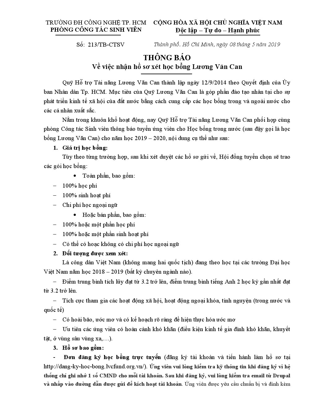 Thông báo 213/TB-CTSV về việc tiếp nhận hồ sơ xét học bổng Lương Văn Can 2