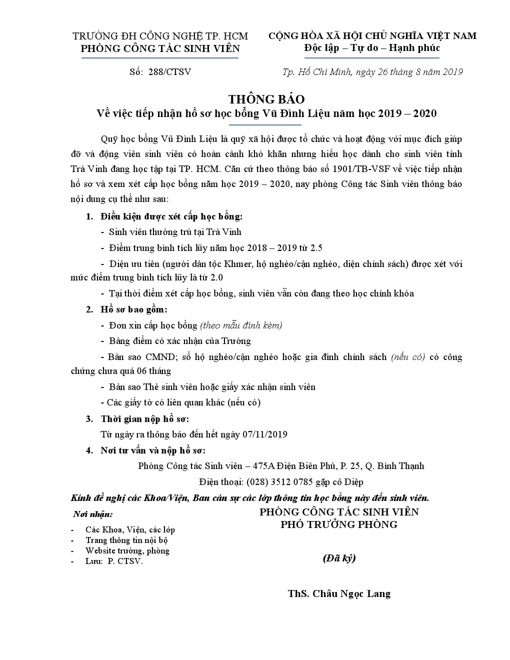 288/TB-CTSV tiếp nhận hồ sơ xét học bổng Vũ Đình Liệu năm học 2019-2020 2